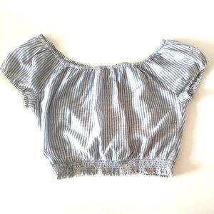 Hollister White & Blue Striped Crop Top Smocking Women’s S Peasant Off Shoulder